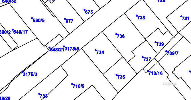 Parcela st. 734 v KÚ Příbram, Katastrální mapa