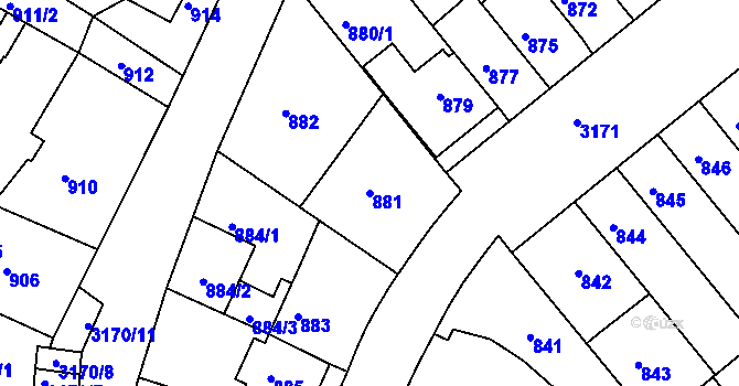 Parcela st. 881 v KÚ Příbram, Katastrální mapa