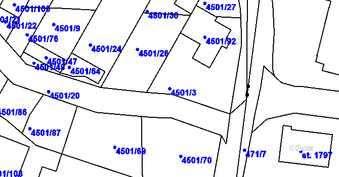 Parcela st. 4501/3 v KÚ Příbram, Katastrální mapa
