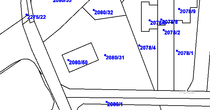 Parcela st. 2080/31 v KÚ Příbram, Katastrální mapa