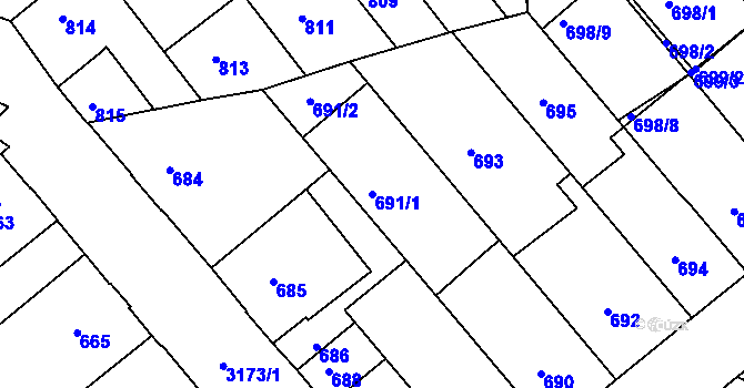 Parcela st. 691/1 v KÚ Příbram, Katastrální mapa
