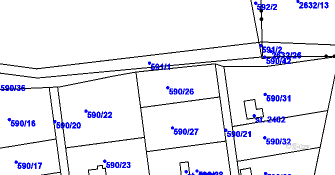 Parcela st. 590/26 v KÚ Březové Hory, Katastrální mapa