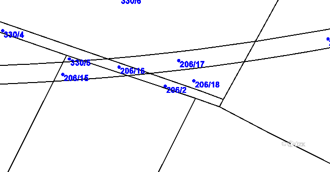 Parcela st. 206/2 v KÚ Zdaboř, Katastrální mapa