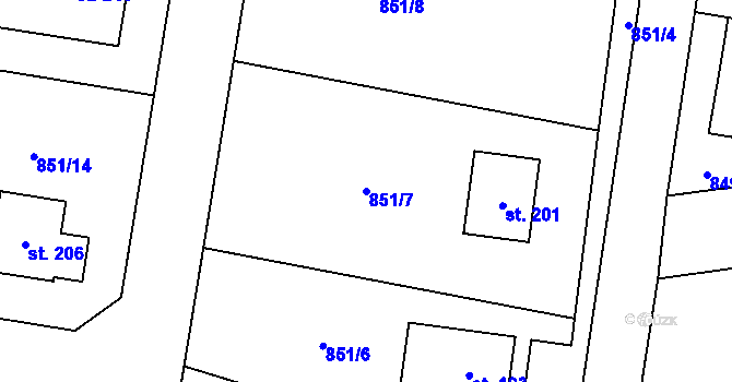 Parcela st. 851/7 v KÚ Příbraz, Katastrální mapa
