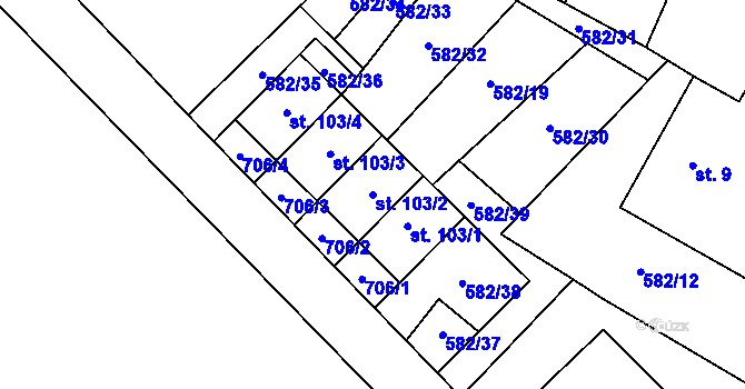 Parcela st. 103/2 v KÚ Příčovy, Katastrální mapa