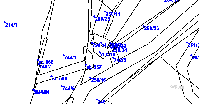 Parcela st. 250/18 v KÚ Příchovice u Přeštic, Katastrální mapa