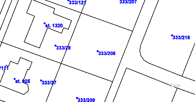 Parcela st. 333/208 v KÚ Přímětice, Katastrální mapa