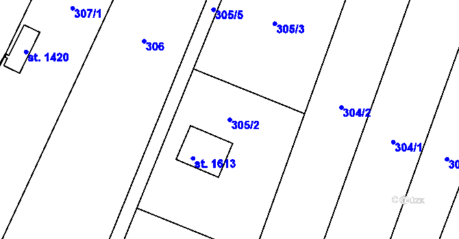 Parcela st. 305/2 v KÚ Přímětice, Katastrální mapa