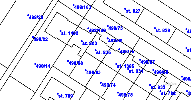 Parcela st. 835 v KÚ Přímětice, Katastrální mapa