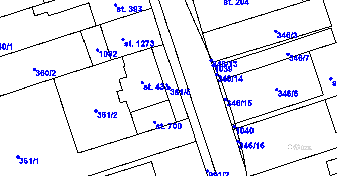Parcela st. 361/5 v KÚ Přímětice, Katastrální mapa
