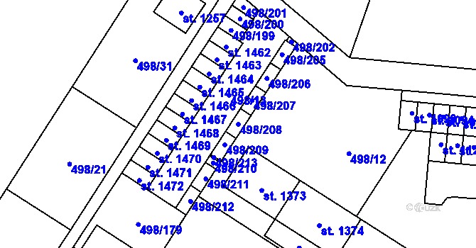 Parcela st. 498/208 v KÚ Přímětice, Katastrální mapa