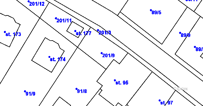 Parcela st. 201/9 v KÚ Hradešín, Katastrální mapa