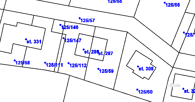 Parcela st. 287 v KÚ Hradešín, Katastrální mapa