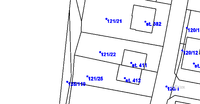 Parcela st. 121/22 v KÚ Hradešín, Katastrální mapa