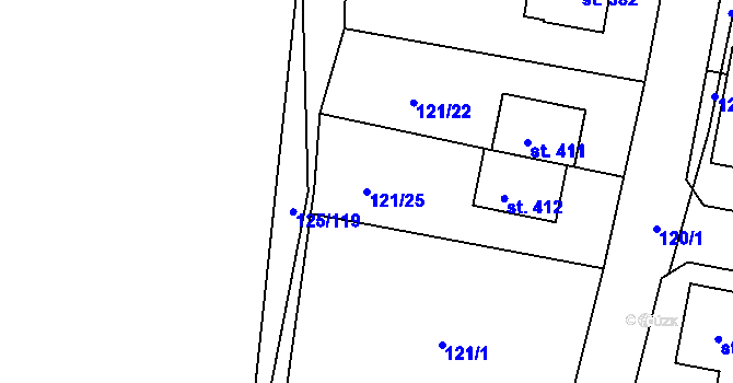 Parcela st. 121/25 v KÚ Hradešín, Katastrální mapa
