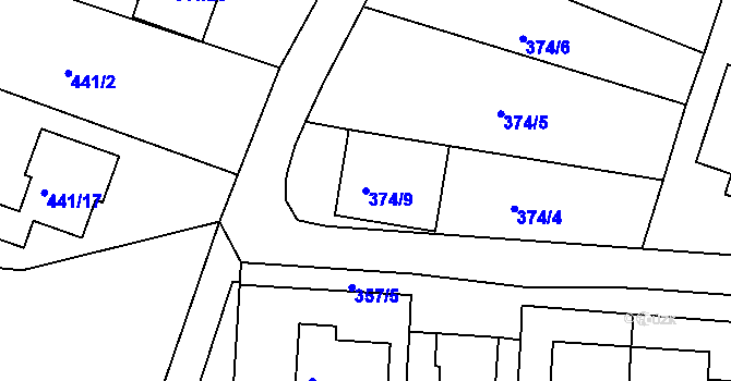 Parcela st. 374/9 v KÚ Přítluky, Katastrální mapa