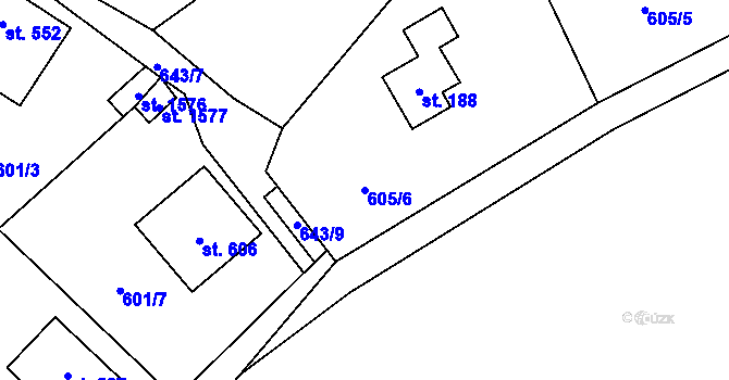 Parcela st. 605/6 v KÚ Dolní Jirčany, Katastrální mapa