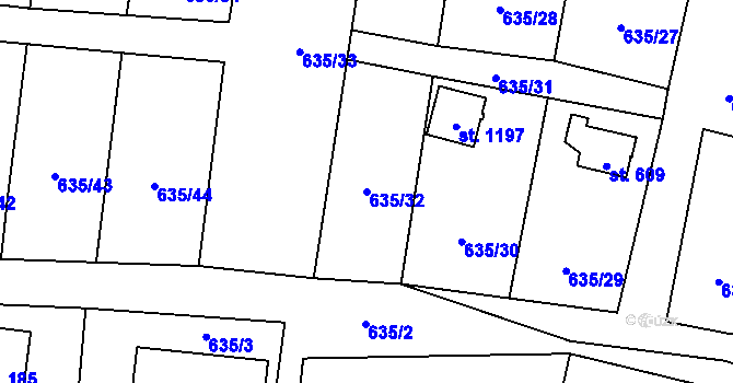 Parcela st. 635/32 v KÚ Dolní Jirčany, Katastrální mapa