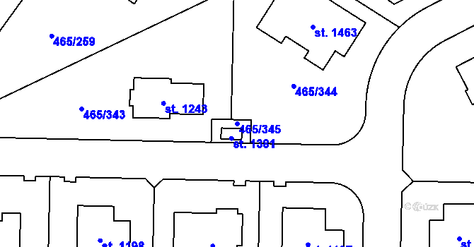 Parcela st. 465/345 v KÚ Dolní Jirčany, Katastrální mapa