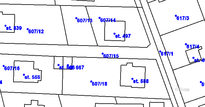 Parcela st. 607/15 v KÚ Psáry, Katastrální mapa