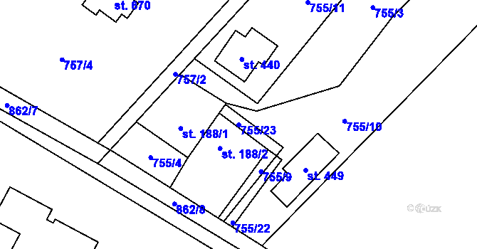 Parcela st. 755/23 v KÚ Pstruží, Katastrální mapa