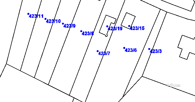 Parcela st. 423/7 v KÚ Pudlov, Katastrální mapa