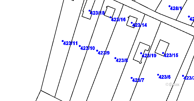 Parcela st. 423/9 v KÚ Pudlov, Katastrální mapa