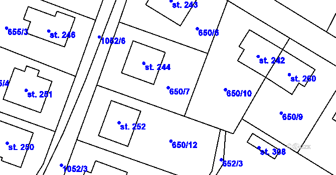Parcela st. 650/7 v KÚ Puklice, Katastrální mapa