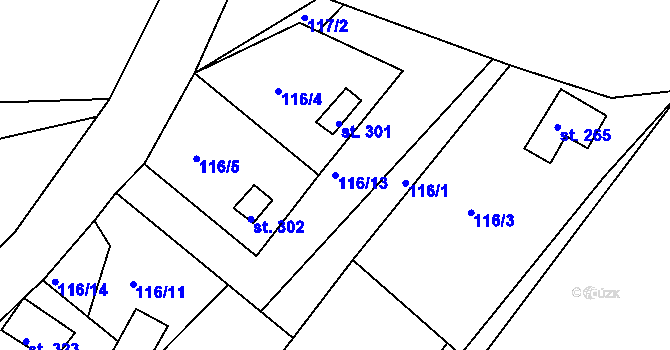Parcela st. 116/13 v KÚ Pustá Rybná, Katastrální mapa