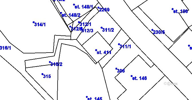 Parcela st. 411 v KÚ Pustějov, Katastrální mapa