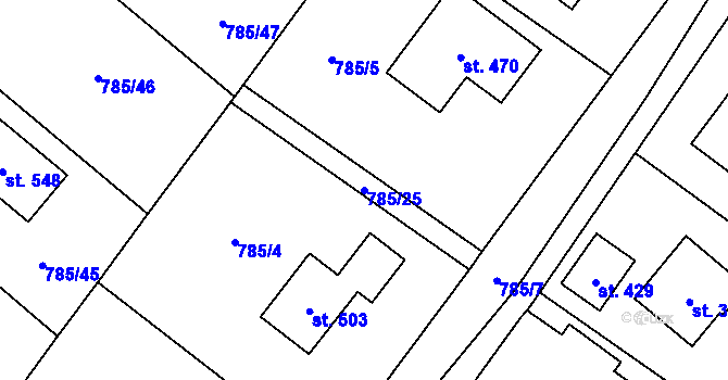 Parcela st. 785/25 v KÚ Pustějov, Katastrální mapa