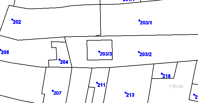 Parcela st. 203/3 v KÚ Pustiměř, Katastrální mapa