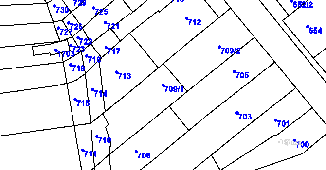 Parcela st. 709/1 v KÚ Pustiměř, Katastrální mapa