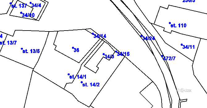 Parcela st. 34/3 v KÚ Pustověty, Katastrální mapa
