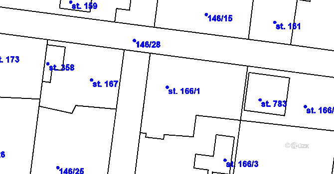 Parcela st. 166/1 v KÚ Pyšely, Katastrální mapa