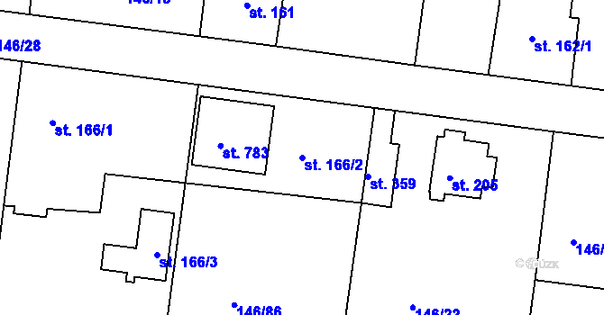 Parcela st. 166/2 v KÚ Pyšely, Katastrální mapa