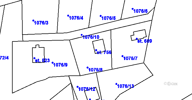 Parcela st. 756 v KÚ Pyšely, Katastrální mapa