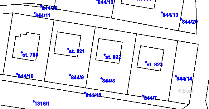 Parcela st. 822 v KÚ Pyšely, Katastrální mapa