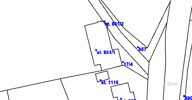 Parcela st. 851/1 v KÚ Pyšely, Katastrální mapa