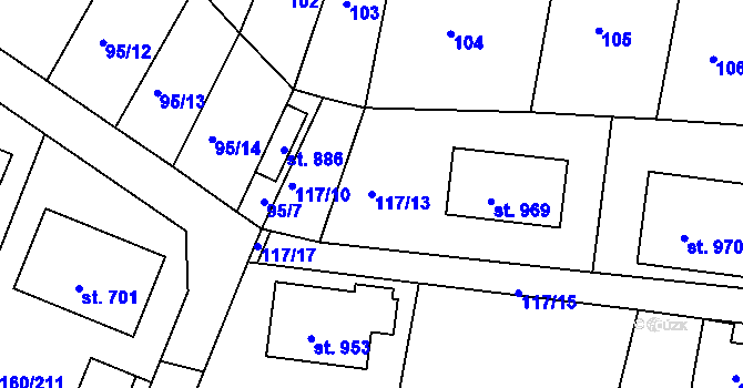Parcela st. 117/13 v KÚ Pyšely, Katastrální mapa