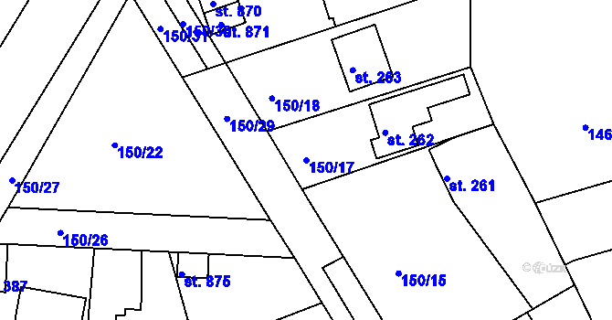 Parcela st. 150/17 v KÚ Pyšely, Katastrální mapa