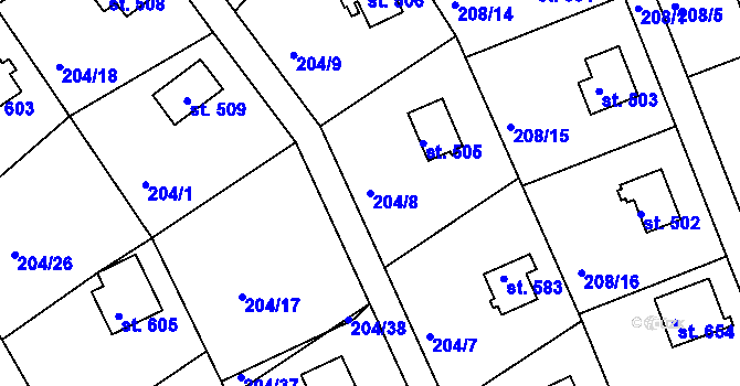 Parcela st. 204/8 v KÚ Pyšely, Katastrální mapa