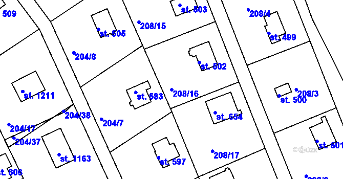 Parcela st. 208/16 v KÚ Pyšely, Katastrální mapa