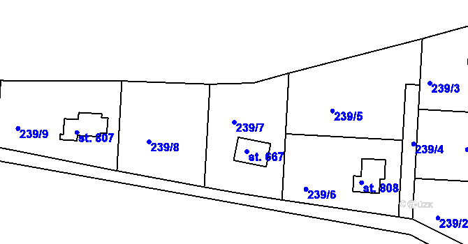 Parcela st. 239/7 v KÚ Pyšely, Katastrální mapa