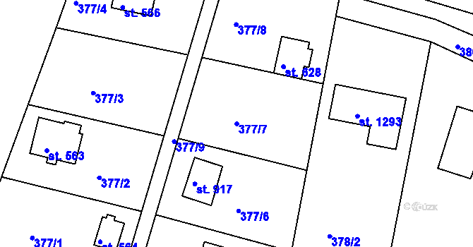 Parcela st. 377/7 v KÚ Pyšely, Katastrální mapa