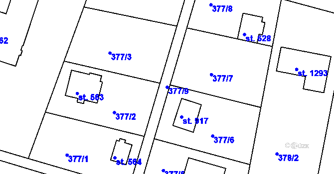 Parcela st. 377/9 v KÚ Pyšely, Katastrální mapa
