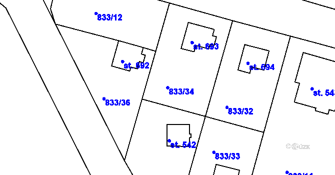 Parcela st. 833/34 v KÚ Pyšely, Katastrální mapa