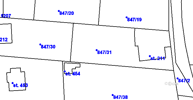 Parcela st. 847/31 v KÚ Pyšely, Katastrální mapa