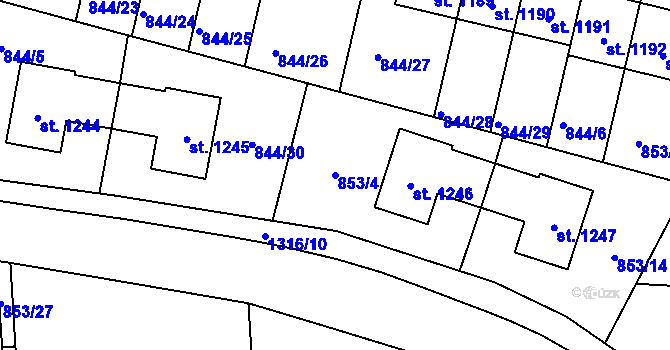 Parcela st. 853/4 v KÚ Pyšely, Katastrální mapa