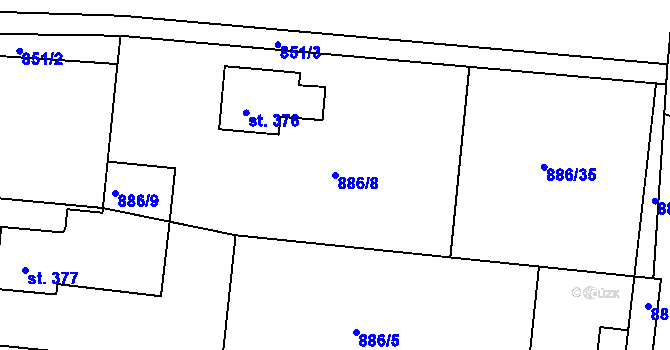 Parcela st. 886/8 v KÚ Pyšely, Katastrální mapa